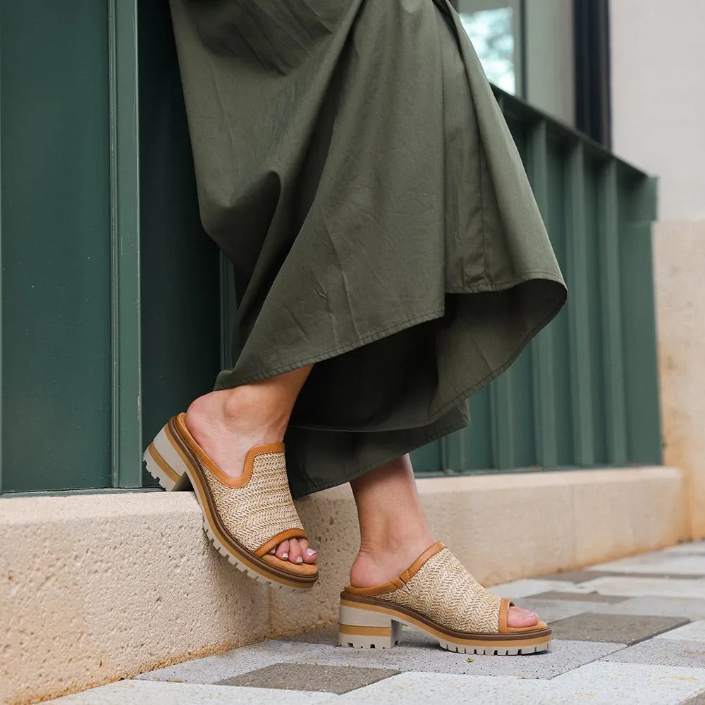 Salvia Women's Harper X Heeled Slide Sandal in Raffia/Nutmeg