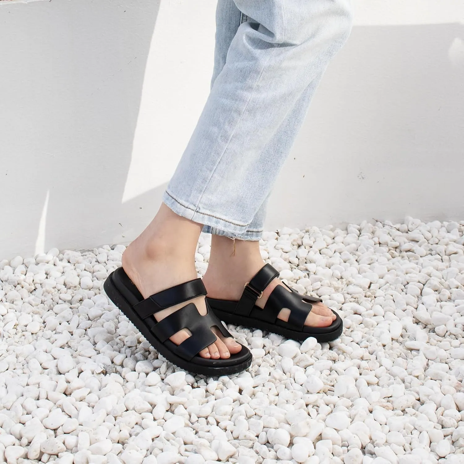 Sandals for Women Open Toe Thick Sole Slide Shoes Comfort Platform Sandals Adjustable Strap Casual Slip on Flats Beach Sandals