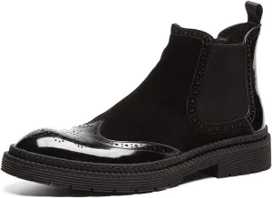 Santimon Mens Causal Chelsea Boots Suede Patent Leather Brogue Ankle Dress Boots for Men Black Red