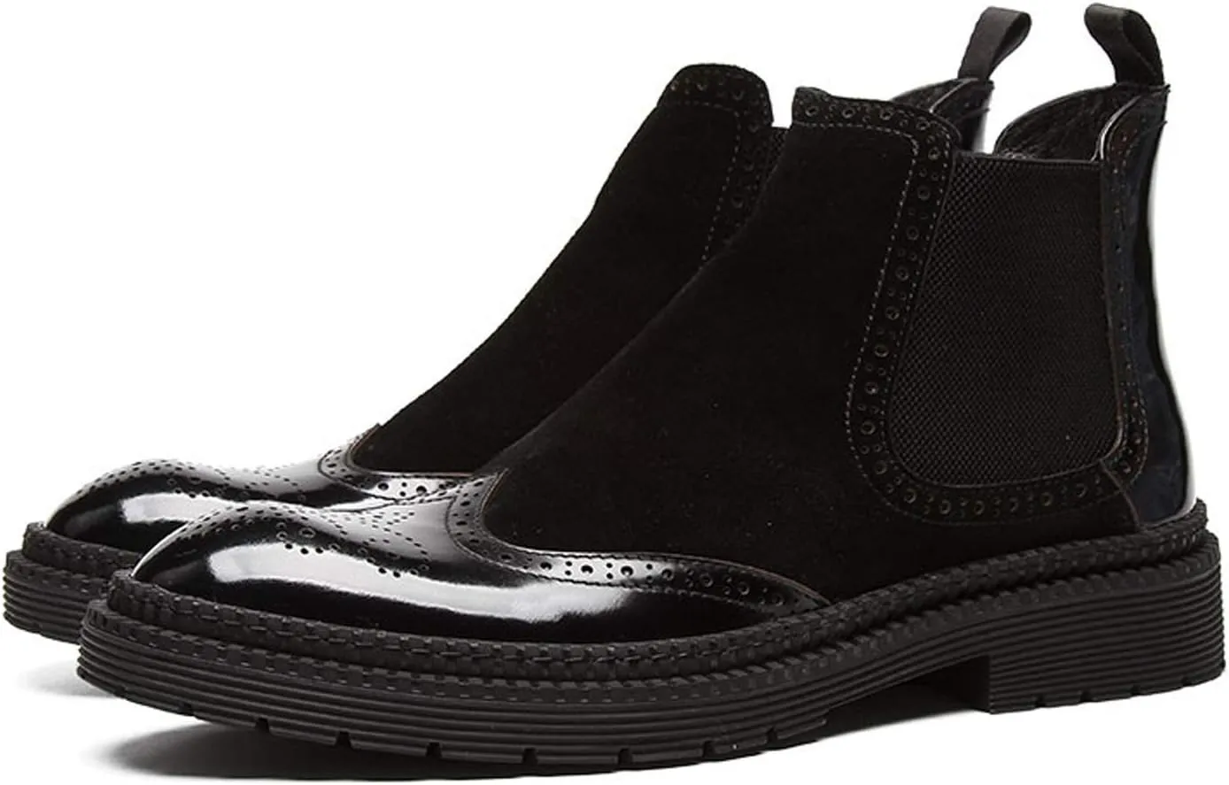 Santimon Mens Causal Chelsea Boots Suede Patent Leather Brogue Ankle Dress Boots for Men Black Red