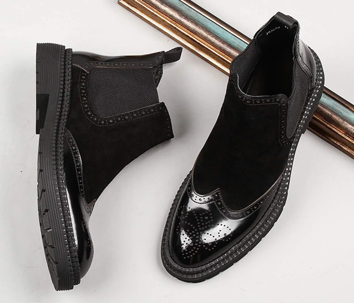 Santimon Mens Causal Chelsea Boots Suede Patent Leather Brogue Ankle Dress Boots for Men Black Red