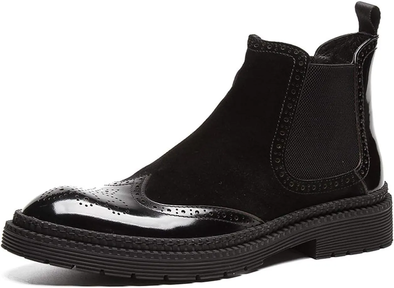 Santimon Mens Causal Chelsea Boots Suede Patent Leather Brogue Ankle Dress Boots for Men Black Red