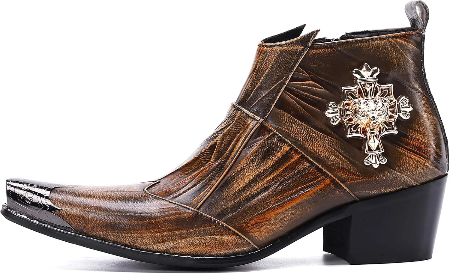 Santimon Mens Dress Boots Western Leather Fashion Brown Casual Pointed-Toe Metal Tip Shoes