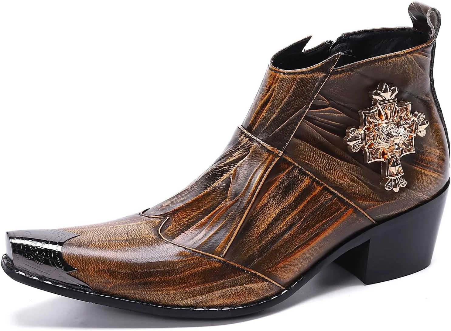 Santimon Mens Dress Boots Western Leather Fashion Brown Casual Pointed-Toe Metal Tip Shoes