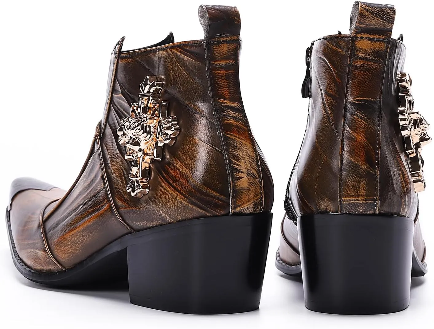 Santimon Mens Dress Boots Western Leather Fashion Brown Casual Pointed-Toe Metal Tip Shoes