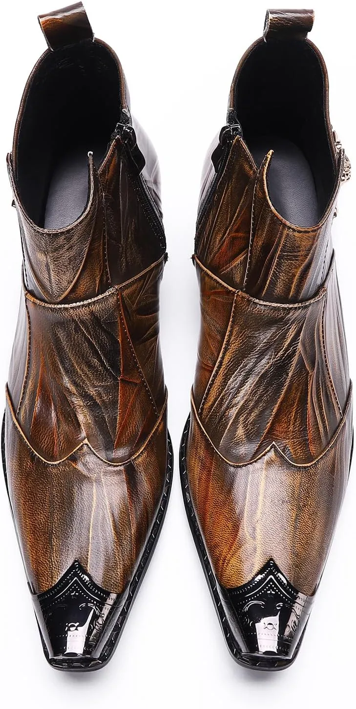 Santimon Mens Dress Boots Western Leather Fashion Brown Casual Pointed-Toe Metal Tip Shoes