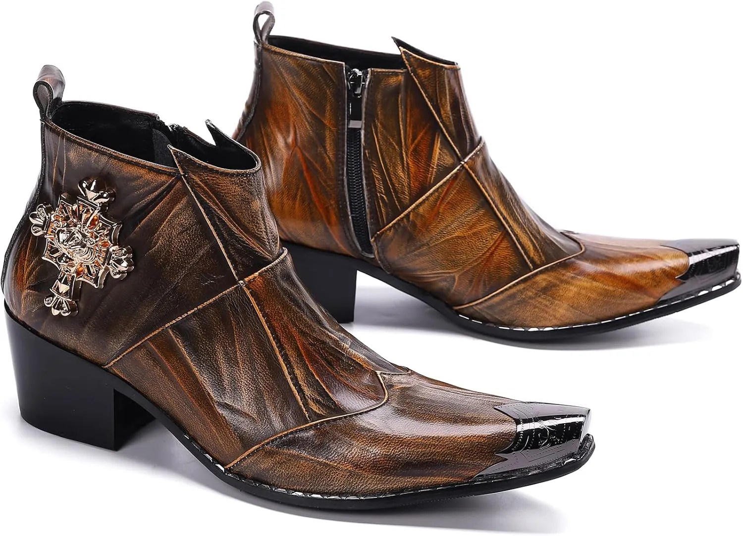 Santimon Mens Dress Boots Western Leather Fashion Brown Casual Pointed-Toe Metal Tip Shoes