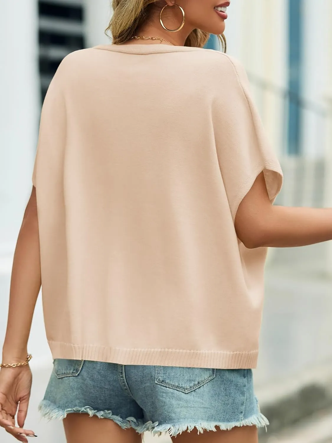 Saodimallsu Womens Summer Oversized Cardigans Batwing Short Sleeve Lightweight Button V Neck Casual Knit Sweater Tops