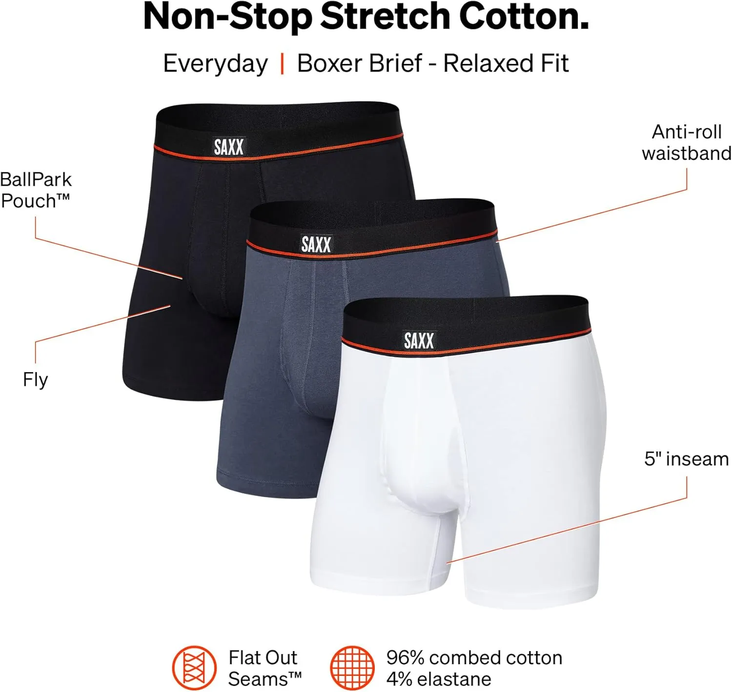 SAXX Underwear Co. Men's Underwear with Pouch Non-Stop Stretch Cotton Boxer Brief Fly 3Pk