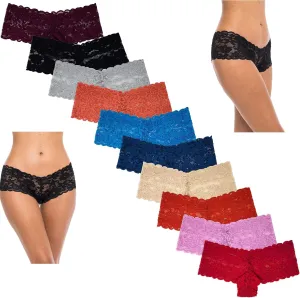 Sexy Basics Women's 10 Pack Lace Hipster Panties | Ultra Soft & Stretchy Hallowed Out Lace Seamless Panties