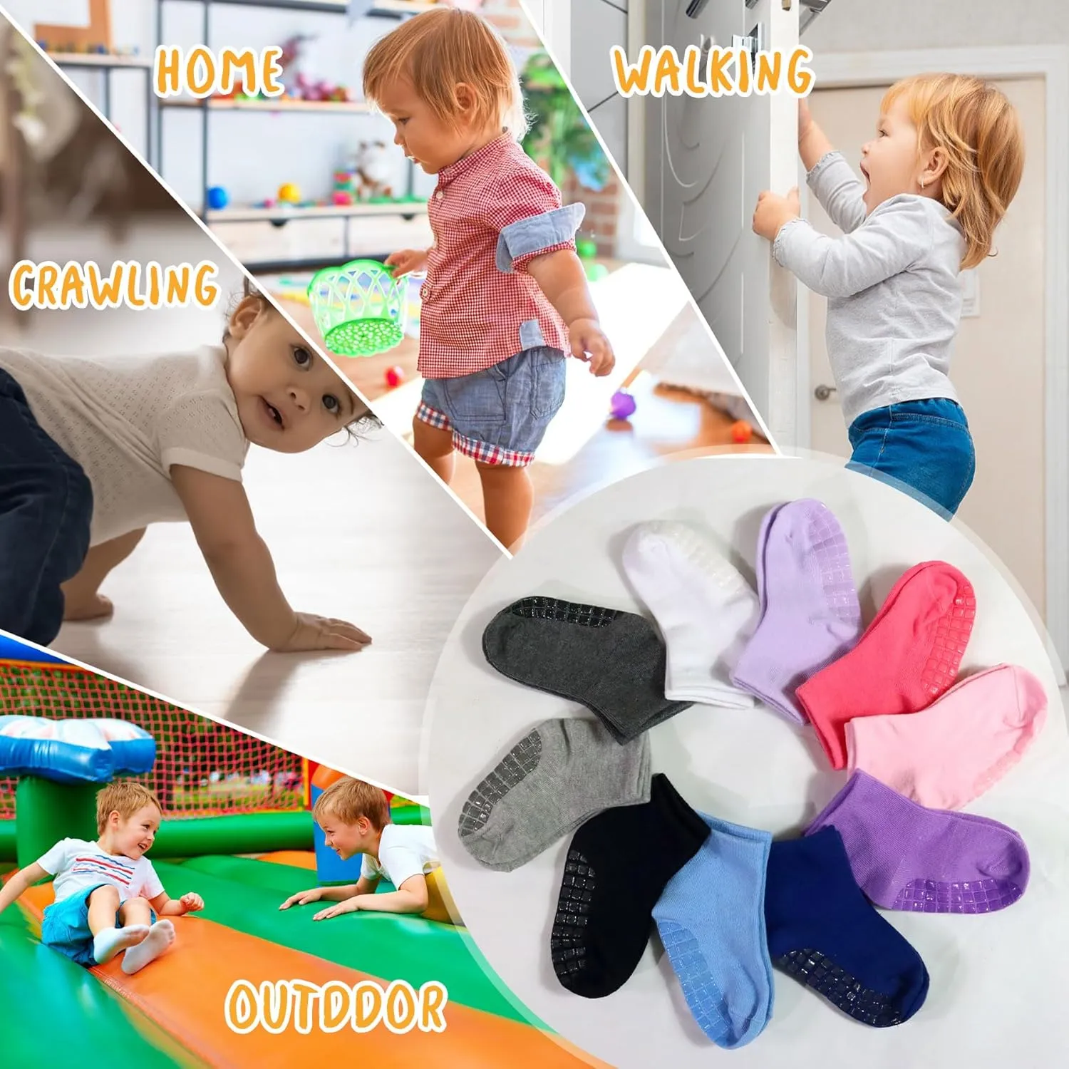 SkiBeaut Toddlers Socks Kids Grip Boy Girl Non Slip Skid Sticky Grippers 12 Pack Kid Slipper Toddler Socks Age 1-7