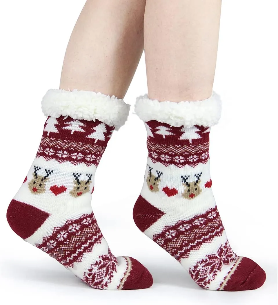 Slipper Socks for Women with Gripper - Winter Non Slip Thick Fuzzy Socks - Warm Cozy Christmas Gift