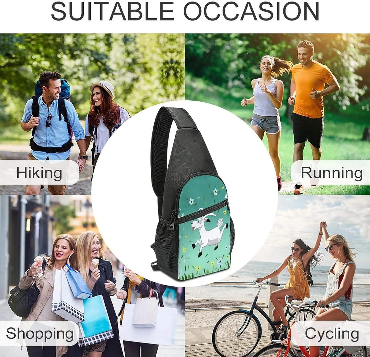 Small Sling Chest Bag Crossbody Bag for Men Women,Goat Frolic Lightweight Gym Daypack for Travel Cycling Hiking