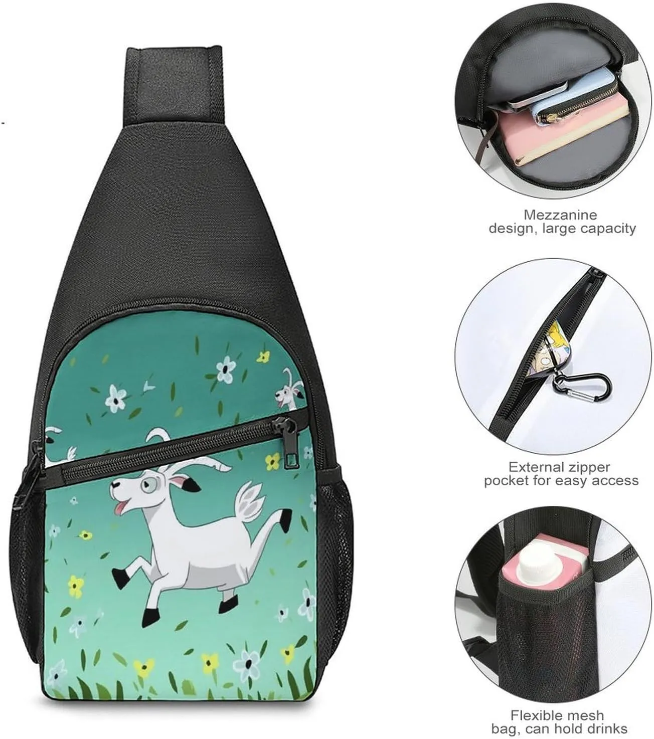 Small Sling Chest Bag Crossbody Bag for Men Women,Goat Frolic Lightweight Gym Daypack for Travel Cycling Hiking