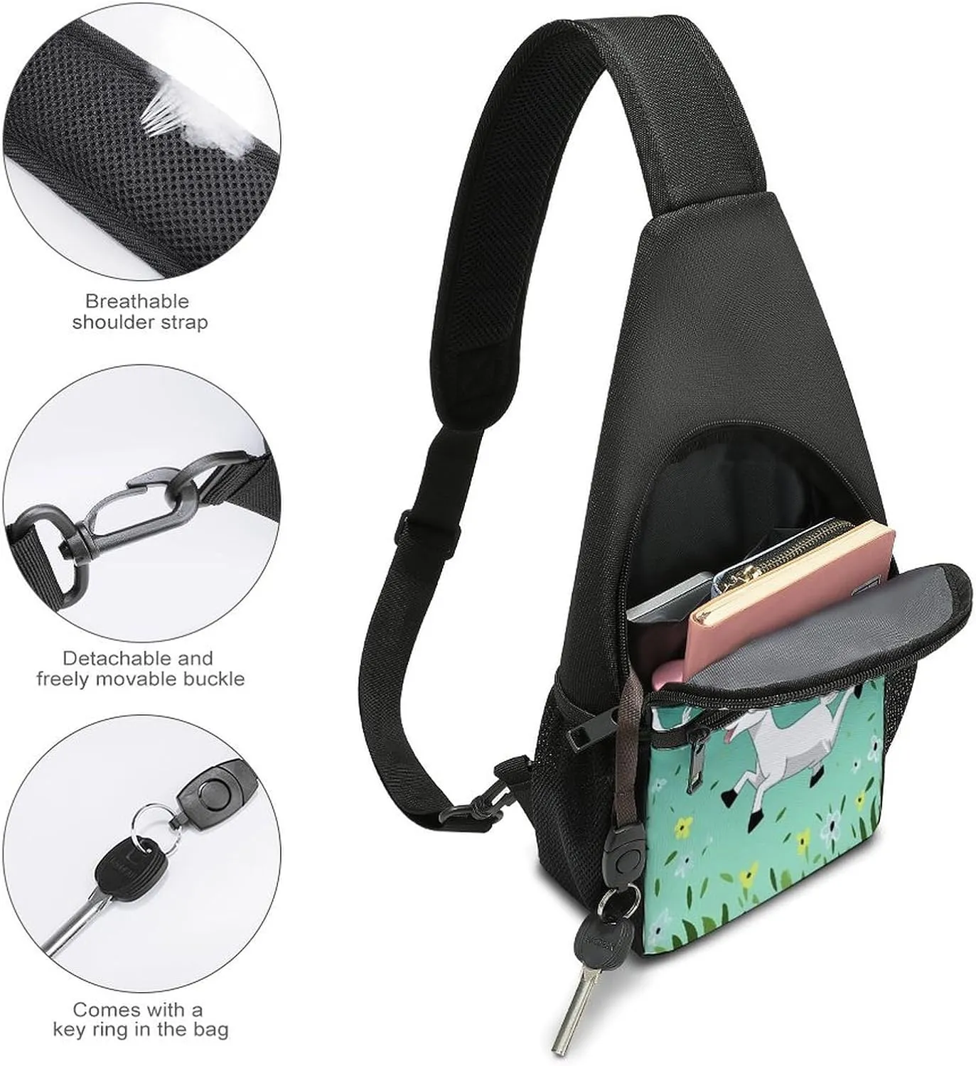 Small Sling Chest Bag Crossbody Bag for Men Women,Goat Frolic Lightweight Gym Daypack for Travel Cycling Hiking