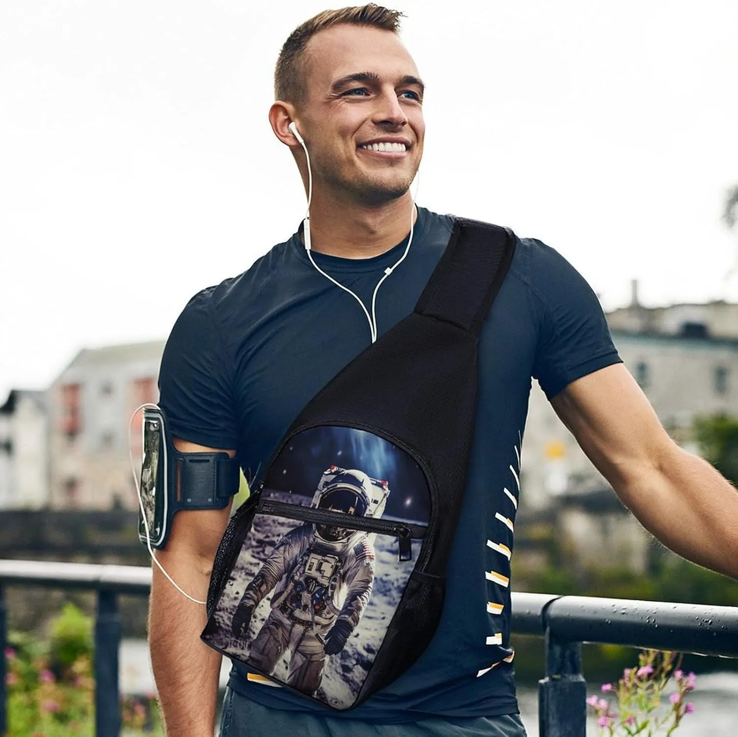 Small Sling Chest Bag Crossbody Bag for Men Women,US Astronaut Travel Moon Lightweight Gym Daypack for Travel Cycling Hiking