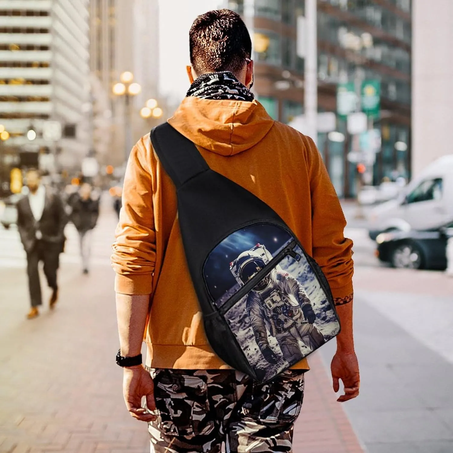 Small Sling Chest Bag Crossbody Bag for Men Women,US Astronaut Travel Moon Lightweight Gym Daypack for Travel Cycling Hiking
