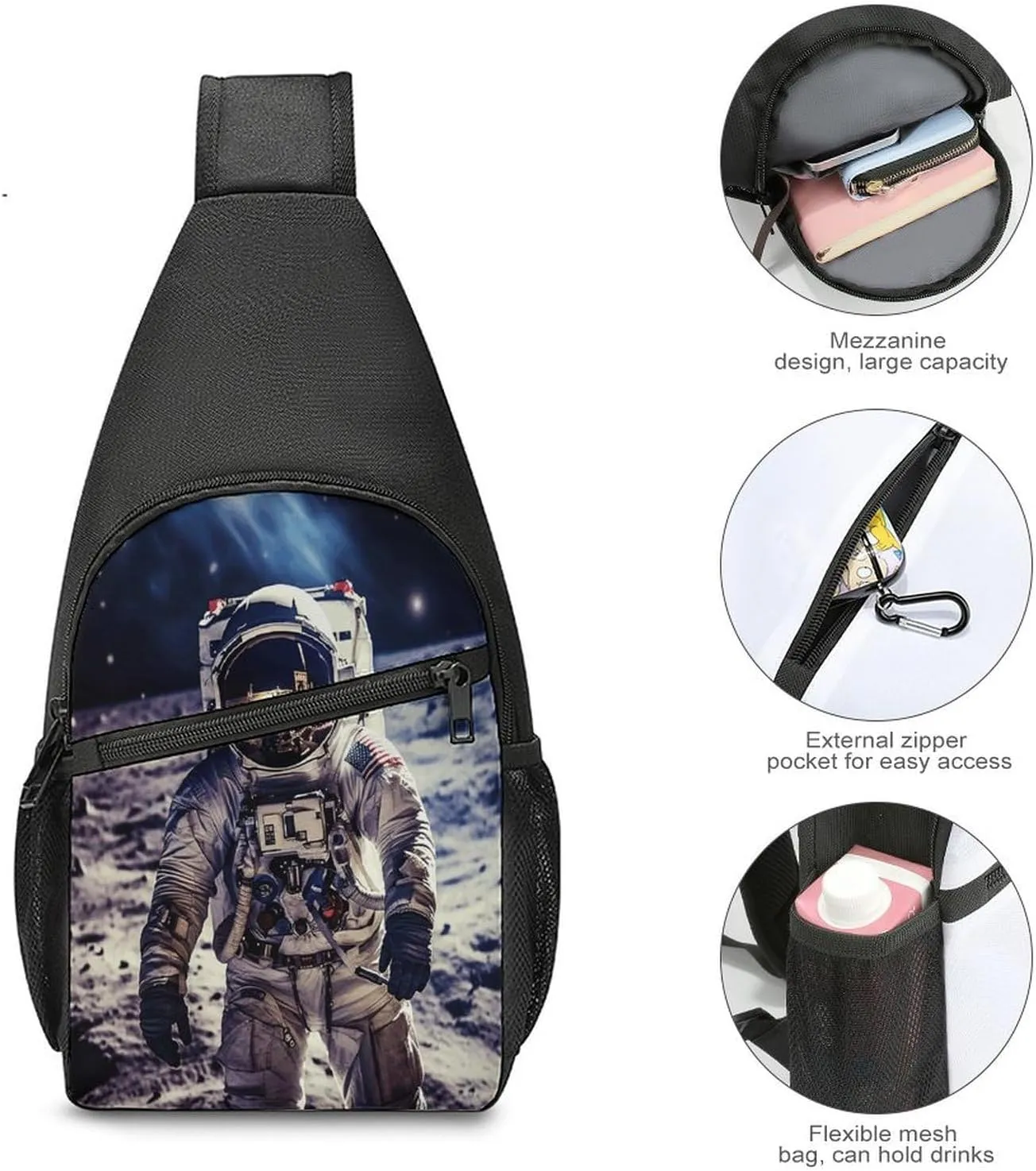Small Sling Chest Bag Crossbody Bag for Men Women,US Astronaut Travel Moon Lightweight Gym Daypack for Travel Cycling Hiking