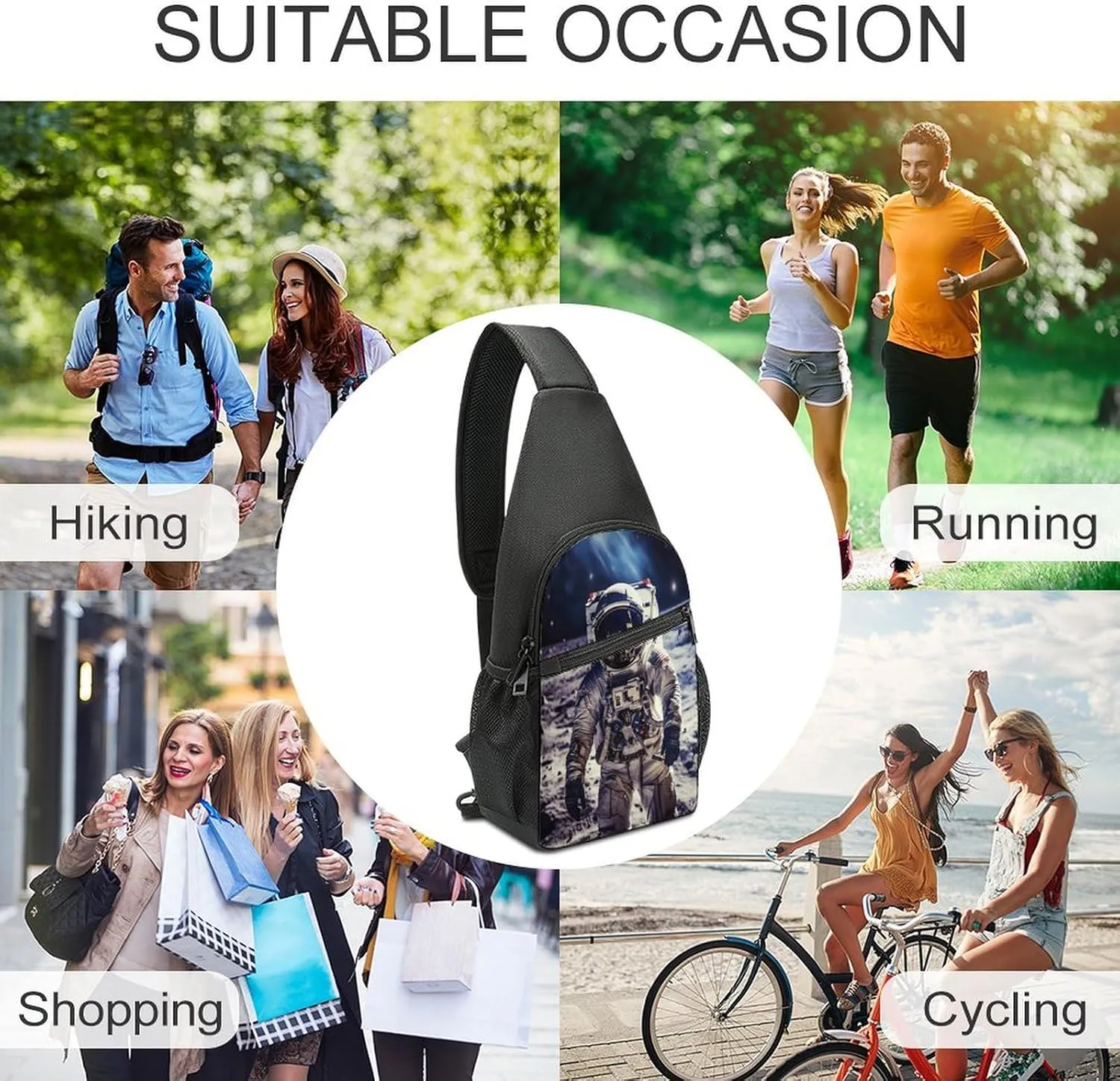 Small Sling Chest Bag Crossbody Bag for Men Women,US Astronaut Travel Moon Lightweight Gym Daypack for Travel Cycling Hiking