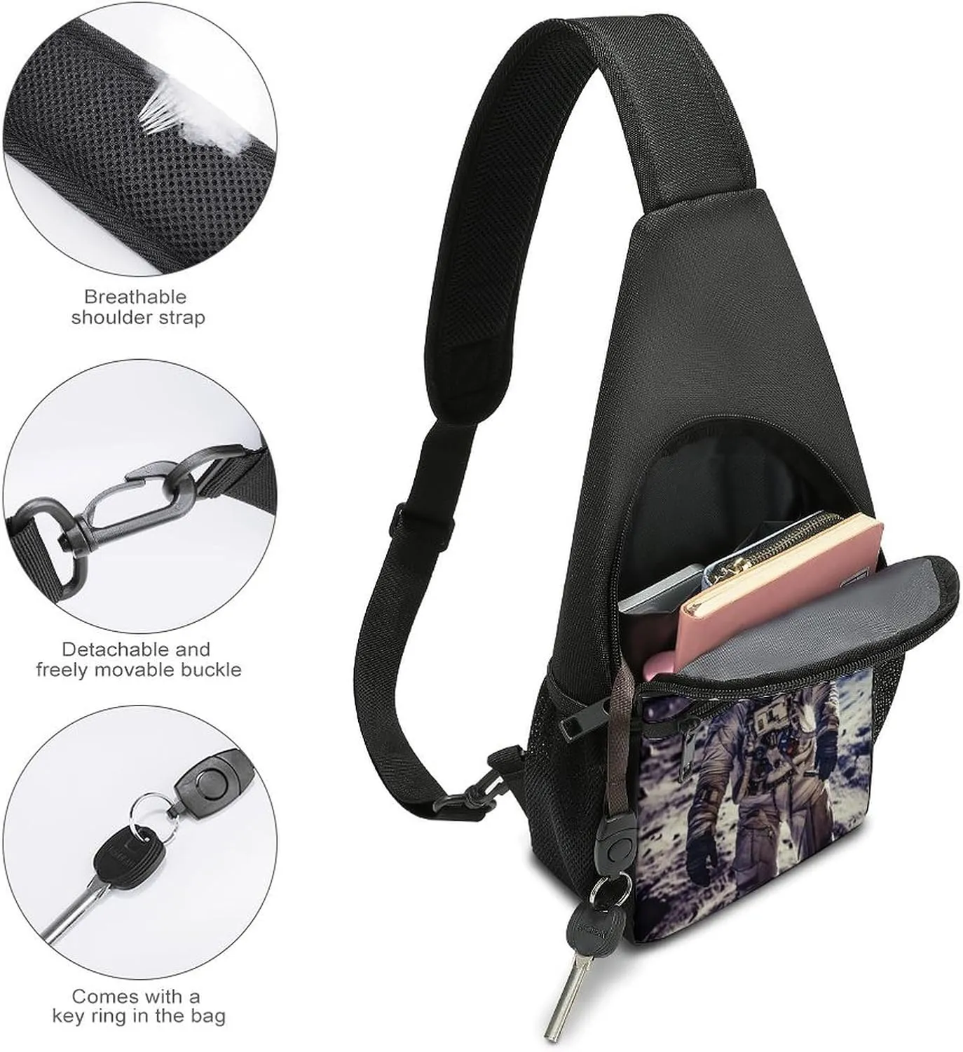 Small Sling Chest Bag Crossbody Bag for Men Women,US Astronaut Travel Moon Lightweight Gym Daypack for Travel Cycling Hiking