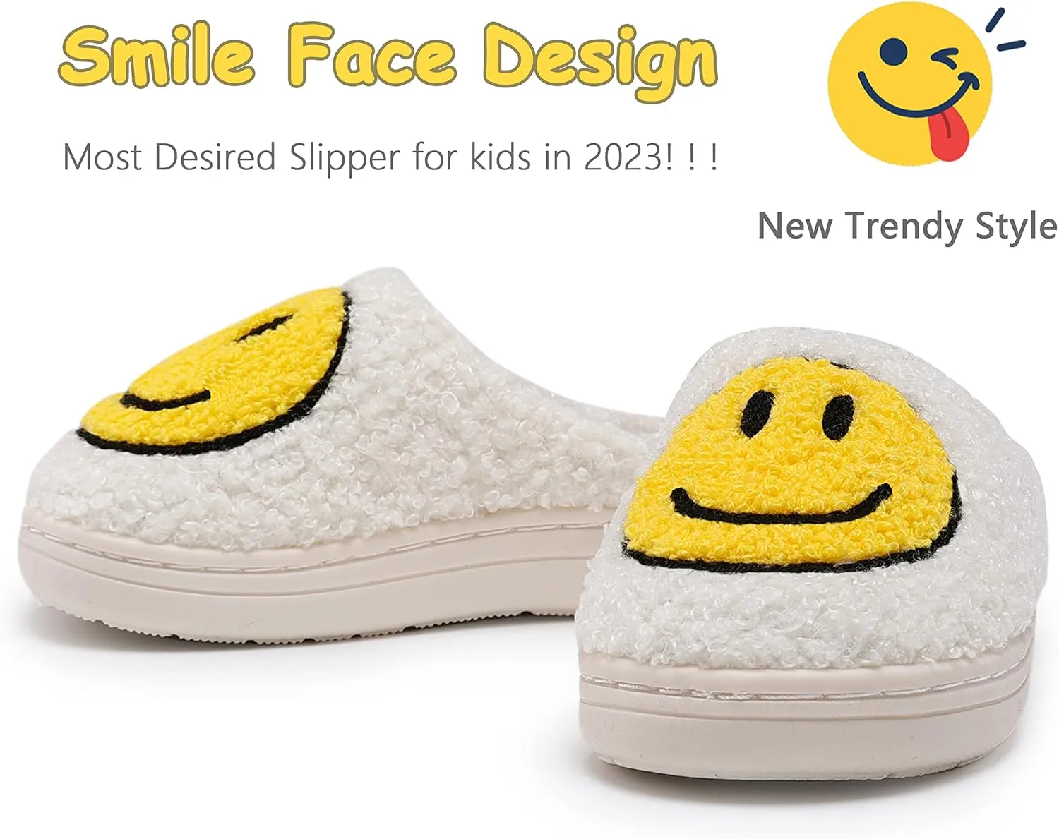 Smile Face Kids Happy Face Soft Plush Warm Slipper Anti-Slip Winter Fluffy House Shoes Soft Memory Foam Comfort Cotton Slippers Indoor and Outdoor