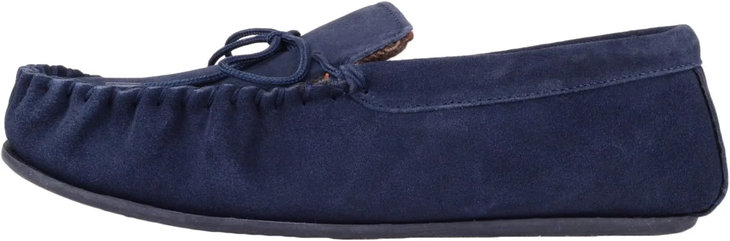 SNUGRUGS Mens Cotton Lined Suede Moccasin Slipper with Rubber Sole