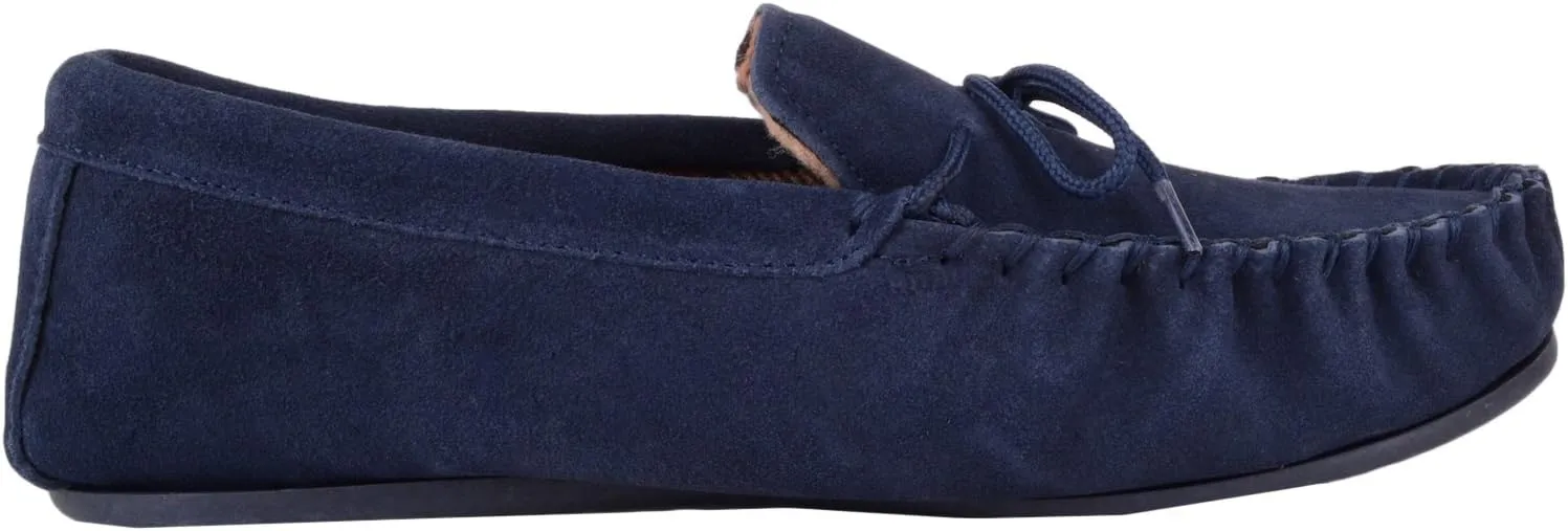 SNUGRUGS Mens Cotton Lined Suede Moccasin Slipper with Rubber Sole