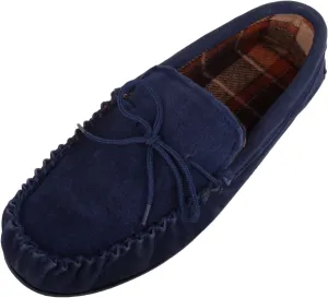 SNUGRUGS Mens Cotton Lined Suede Moccasin Slipper with Rubber Sole