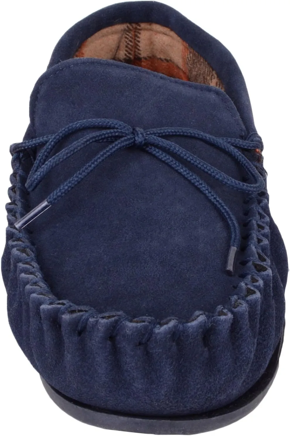 SNUGRUGS Mens Cotton Lined Suede Moccasin Slipper with Rubber Sole