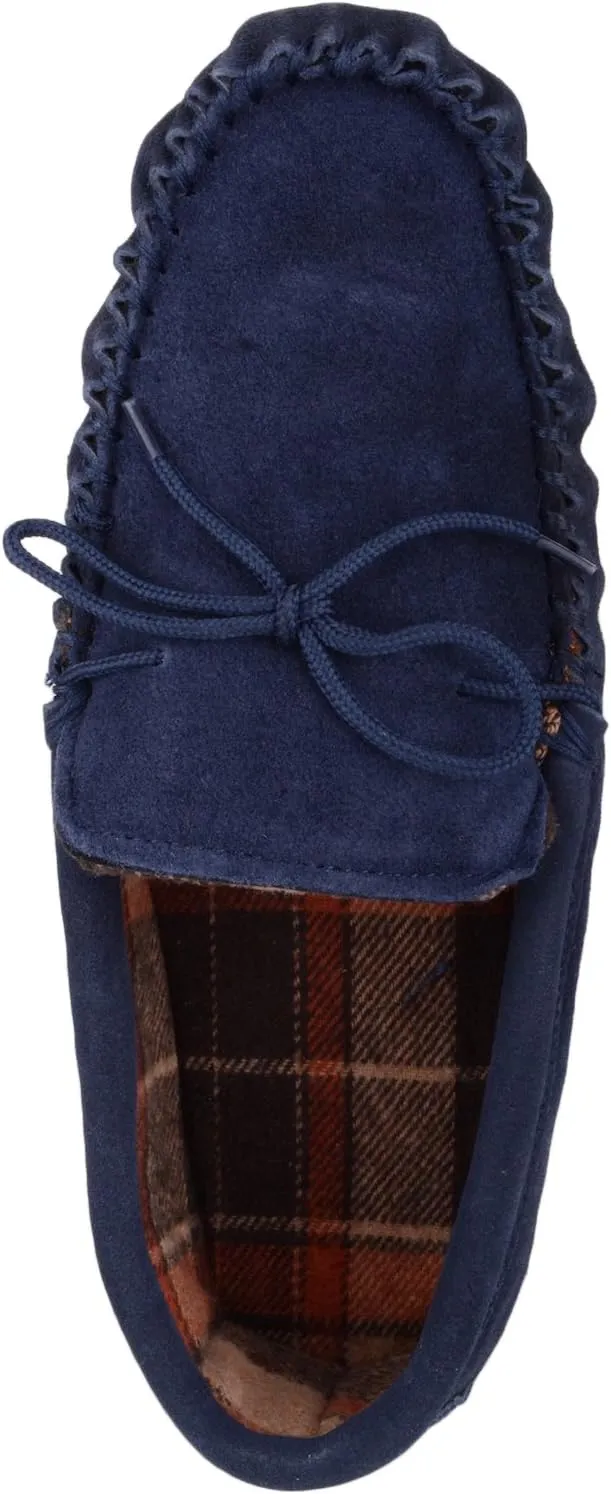SNUGRUGS Mens Cotton Lined Suede Moccasin Slipper with Rubber Sole