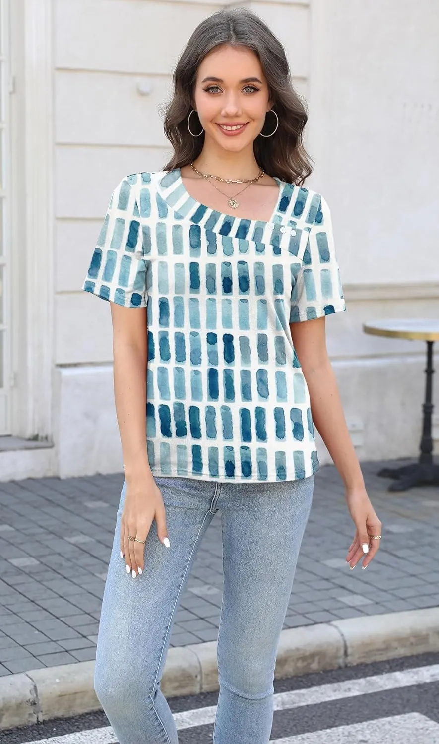 Soesdemo Womens Summer Tops Asymmetrical Neck Short Sleeve Button Dressy Casual Lightweight Tunic T Shirts Blouse