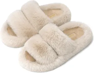 SOULROSE Women's Slippers Open Toe Memory Foam House Slippers for Women Fuzzy Furry Comfy Faux Fur Bedroom Platform Indoor Outdoor Slide Shoes with Anti-Slip Sole Womens Gift Slippers