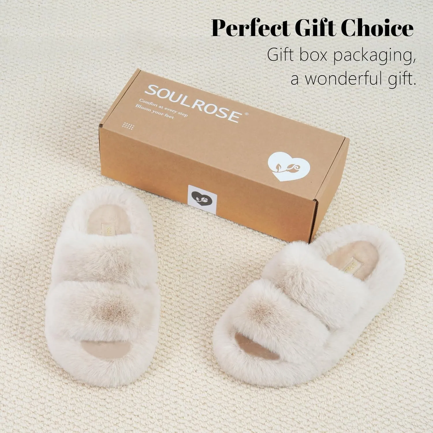SOULROSE Women's Slippers Open Toe Memory Foam House Slippers for Women Fuzzy Furry Comfy Faux Fur Bedroom Platform Indoor Outdoor Slide Shoes with Anti-Slip Sole Womens Gift Slippers