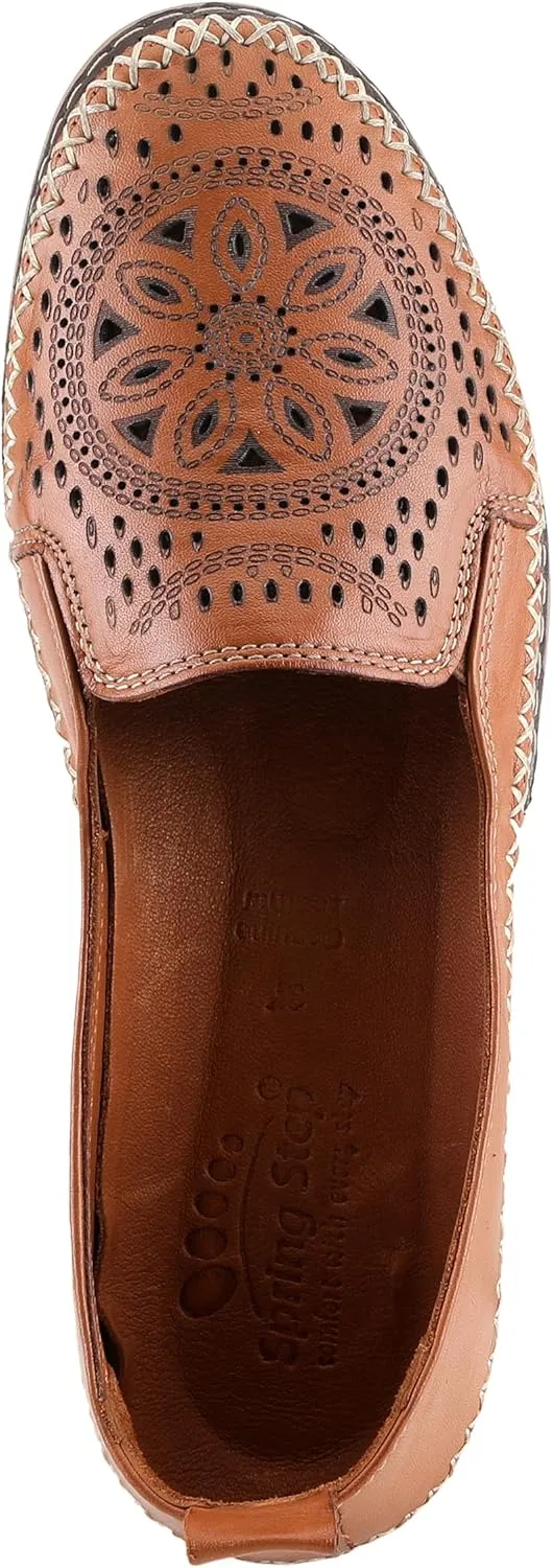Spring Step Women's Ingrid Slip-On Premium Leather Loafers - Laser Cutout Design, Elastic Goring, Lightweight Flat Sole