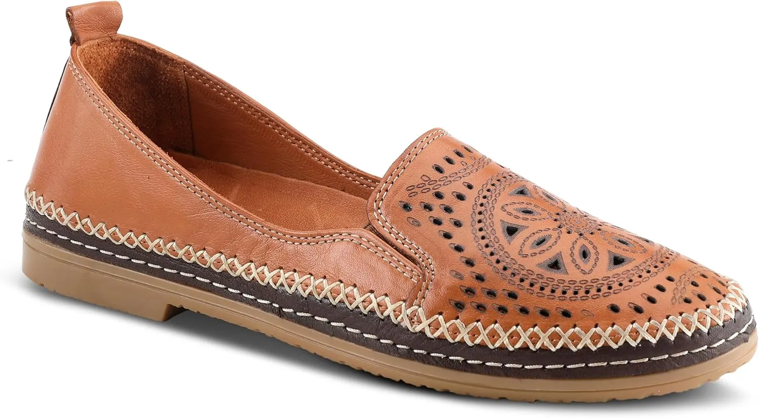 Spring Step Women's Ingrid Slip-On Premium Leather Loafers - Laser Cutout Design, Elastic Goring, Lightweight Flat Sole
