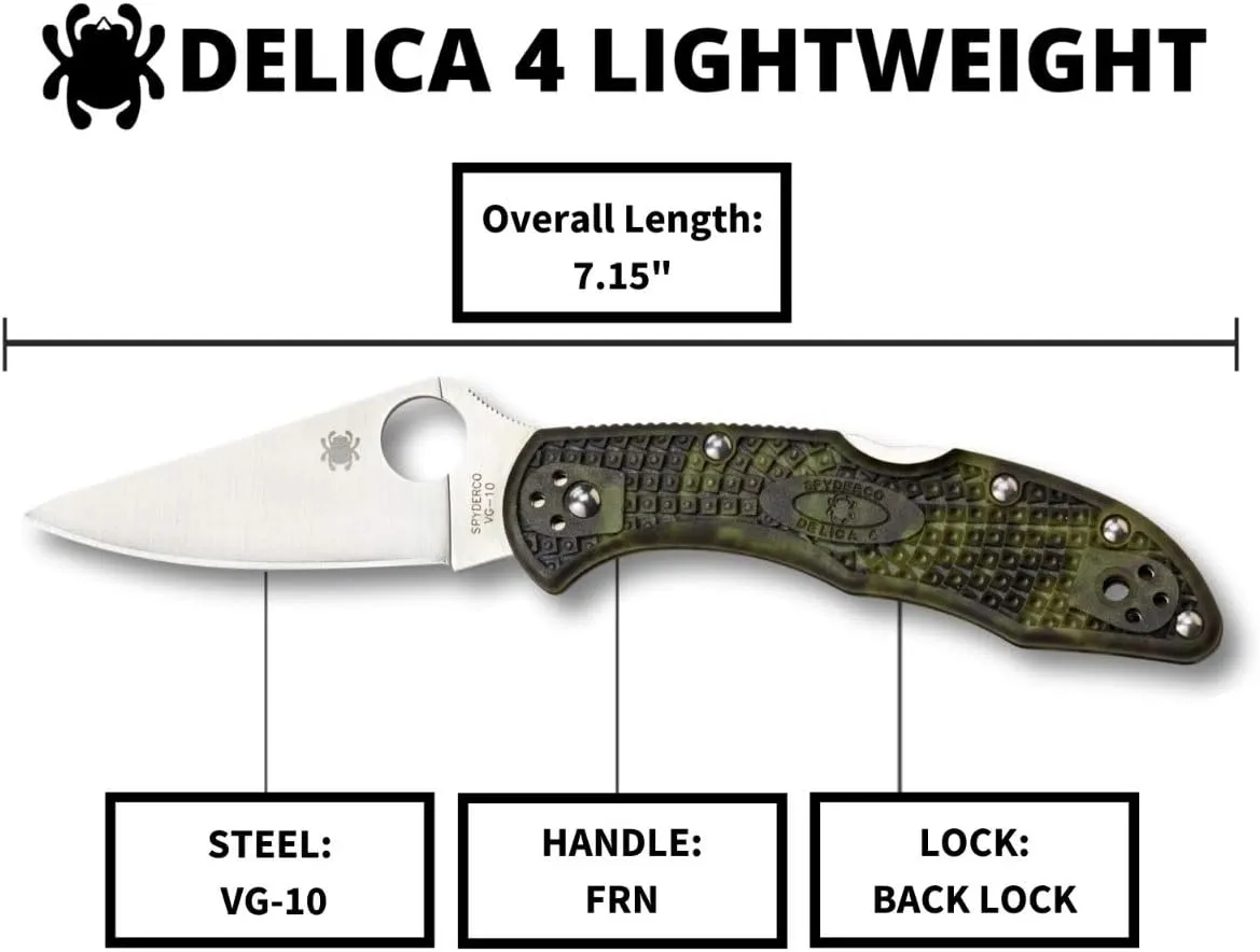 Spyderco Delica 4 Lightweight 7.15" Signature Folding Knife with 2.90" Flat-Ground Steel Blade and High-Strength FRN Handle - PlainEdge Grind