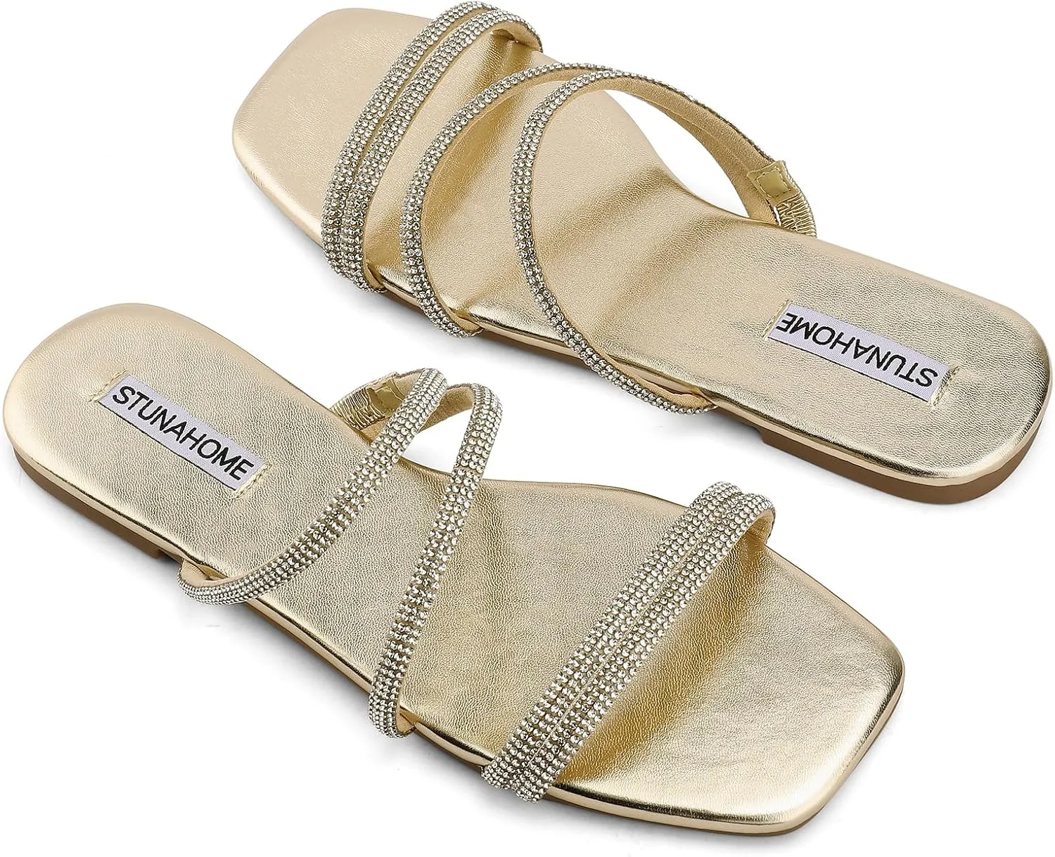 STUNAHOME Women's Rhinestone Thong Flat Sandals Open Toe Slide Sandals with Square Toe Bling Strap