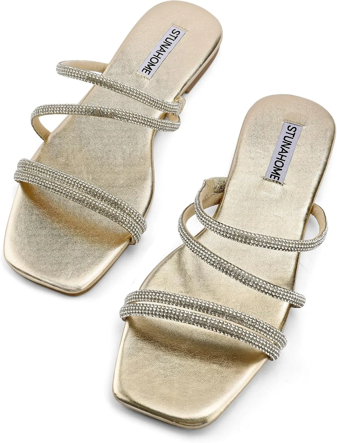 STUNAHOME Women's Rhinestone Thong Flat Sandals Open Toe Slide Sandals with Square Toe Bling Strap