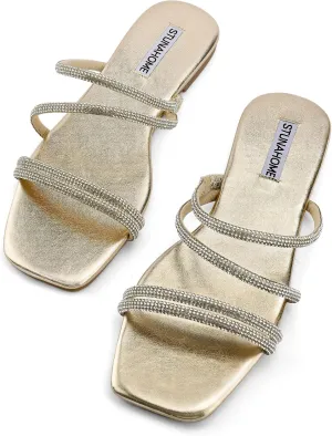 STUNAHOME Women's Rhinestone Thong Flat Sandals Open Toe Slide Sandals with Square Toe Bling Strap