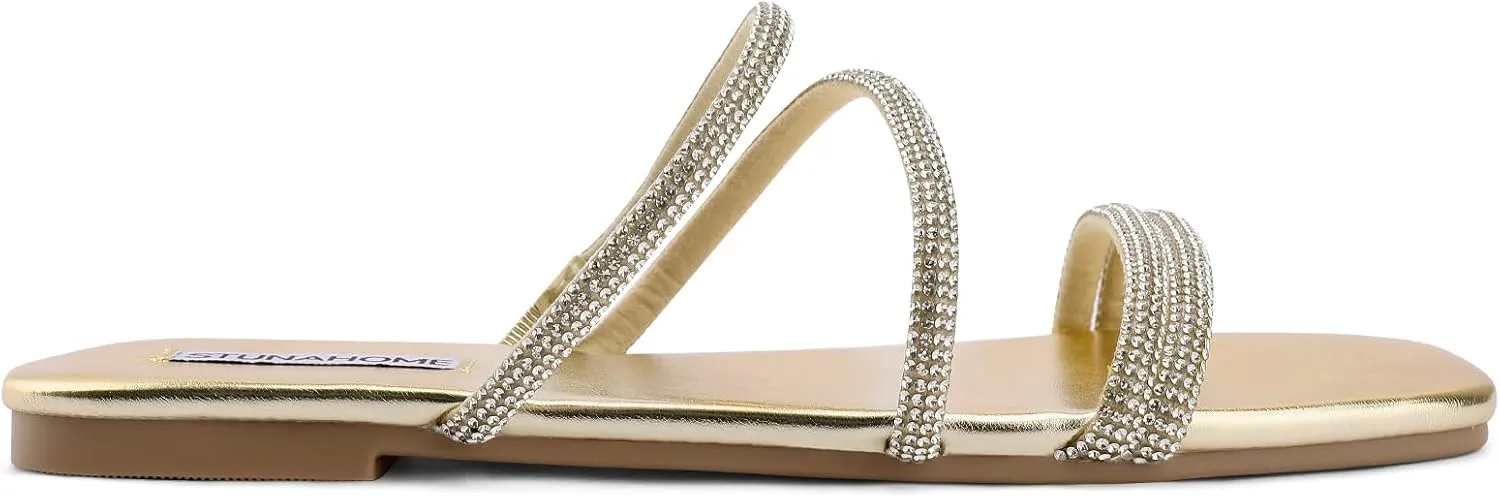 STUNAHOME Women's Rhinestone Thong Flat Sandals Open Toe Slide Sandals with Square Toe Bling Strap