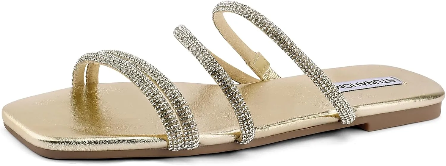 STUNAHOME Women's Rhinestone Thong Flat Sandals Open Toe Slide Sandals with Square Toe Bling Strap
