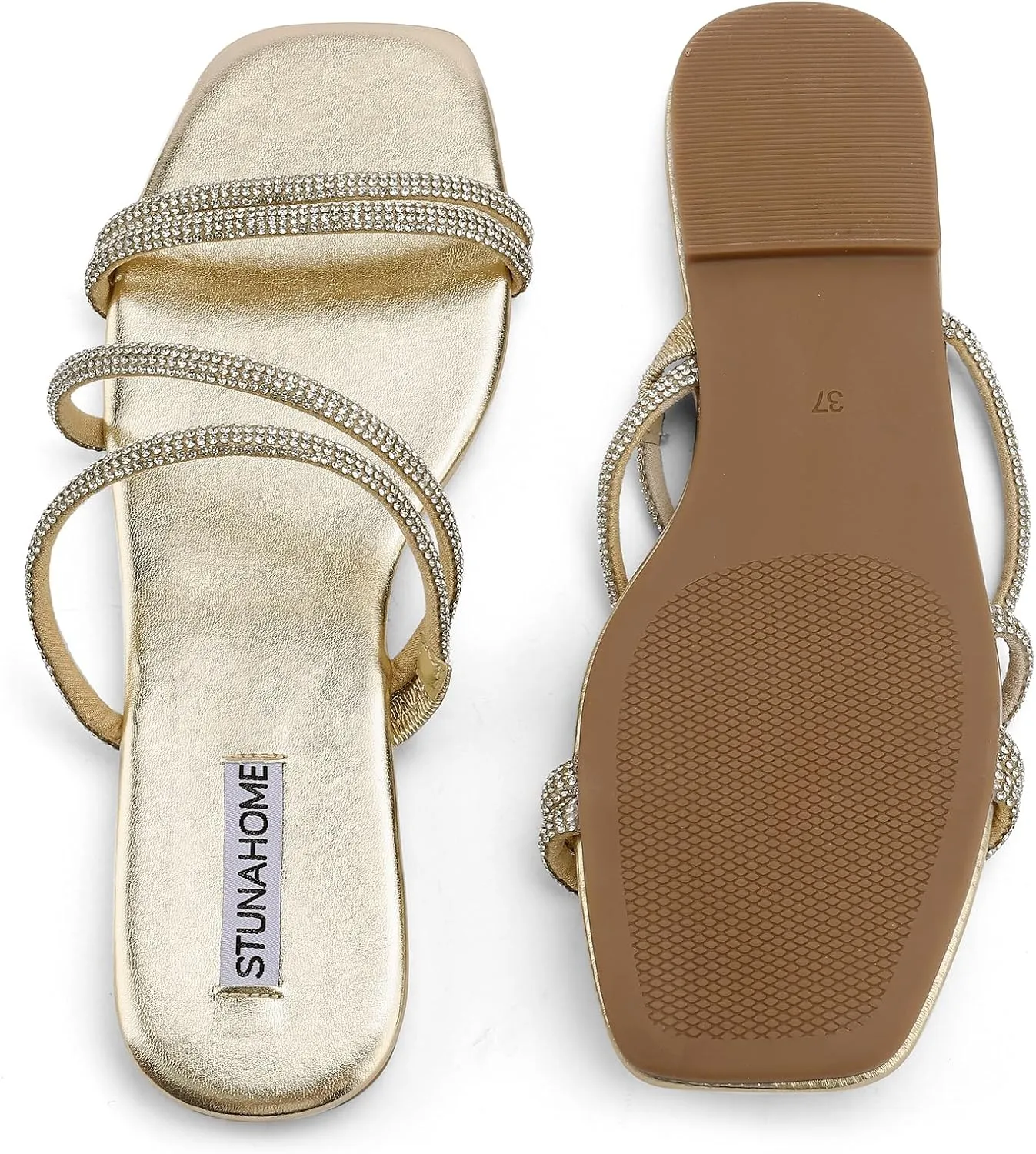 STUNAHOME Women's Rhinestone Thong Flat Sandals Open Toe Slide Sandals with Square Toe Bling Strap