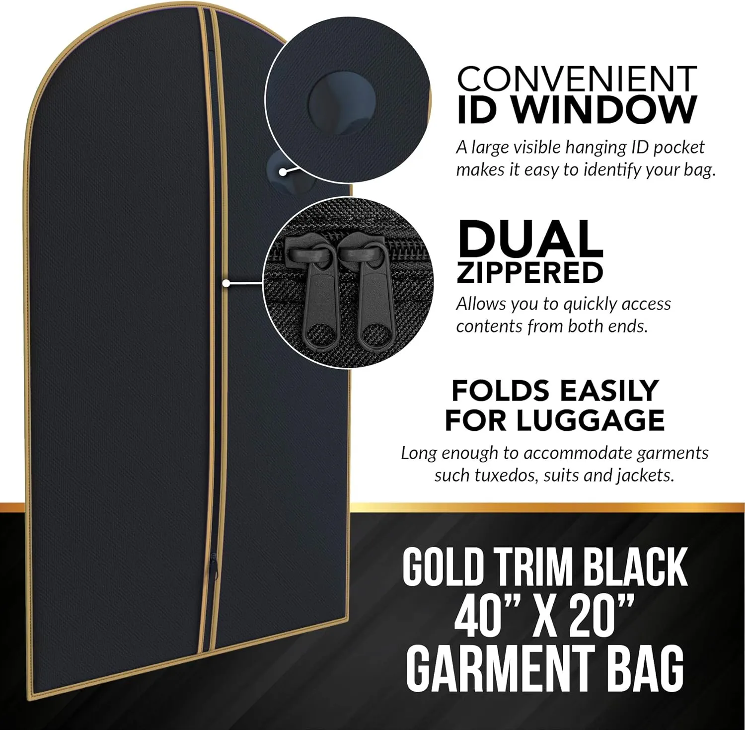 Suit Garment Travel Bags -Lightweight -40" x 24" -Men's Collection by Your Bags (Black With Gold Trim)