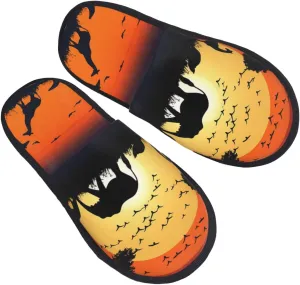 Sunset animals silhouette Furry House Slippers for Women Men Soft Fuzzy Slippers Indoor Casual Plush House Shoes Medium