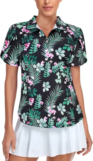 Tanst Sky Womens Golf Shirts Zip Up Overlap Short Sleeve Workout Tops Quick Dry Tennis Shirt