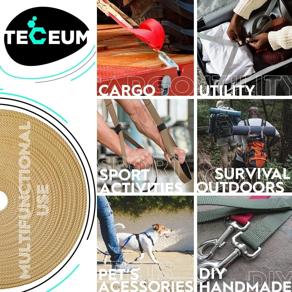 TECEUM 1" & 1.5" & 2" Webbing – 10 25 50 Yards – 40  Colors – Heavy Duty 1 Inch 1.5 Inch 2 Inch Webbing for Climbing Outdoors Indoors Crafting DIY