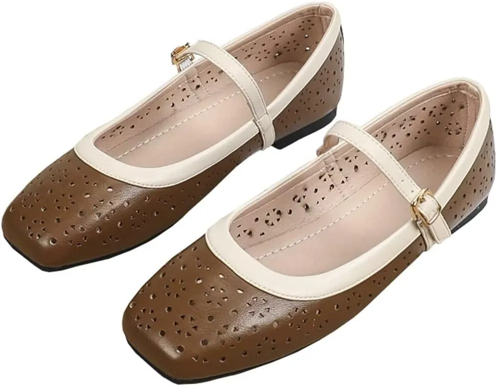 TN TANGNEST Flat Shoes for Women Retro Square Toe Mary Jane Flats Shiny Ballet Flats Comfortable Office Flats