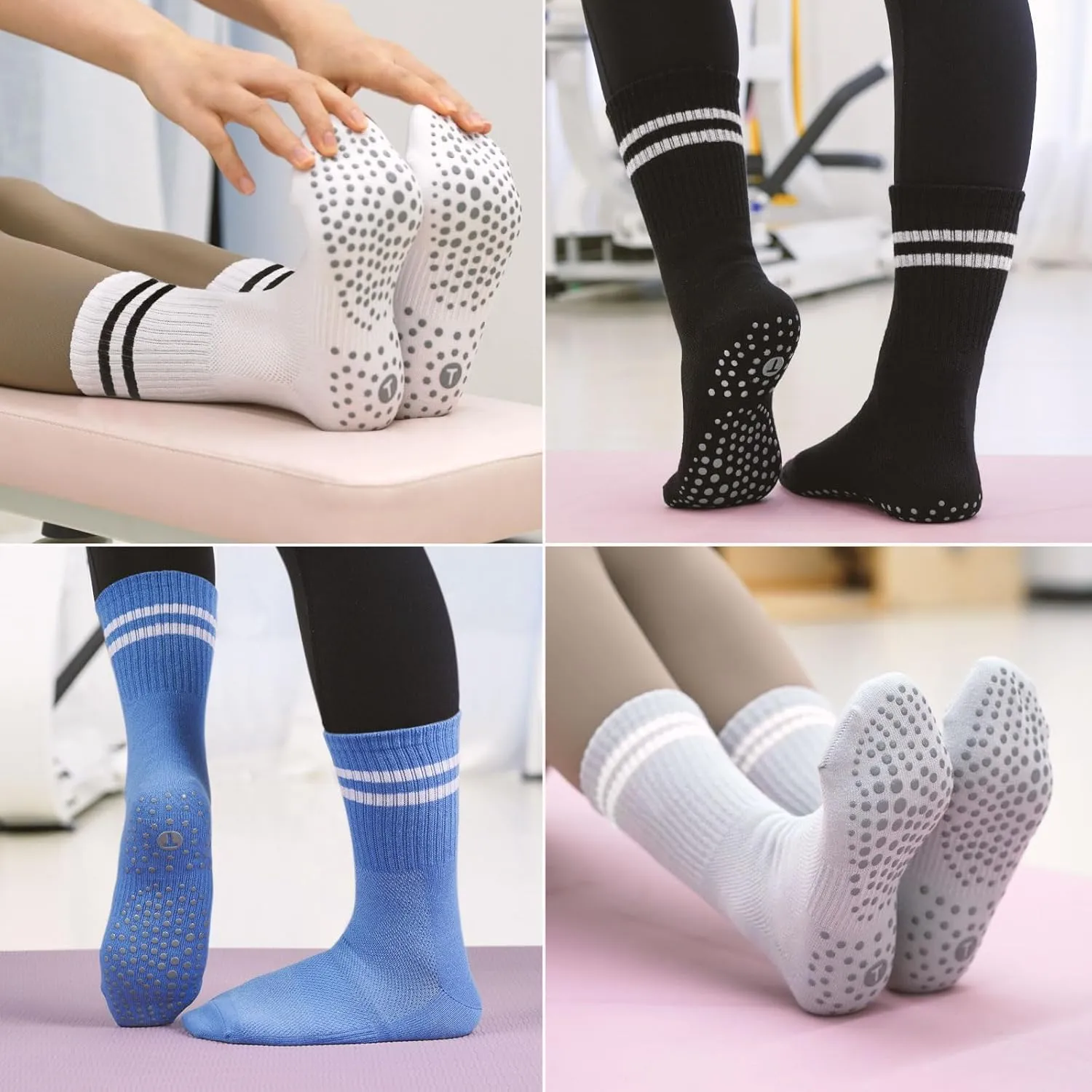 Toes Home Pilates Socks for Women with Non Slip Grippers, Yoga Crew Socks for Barre Hospital Sticky Slipper Socks 4 Pairs