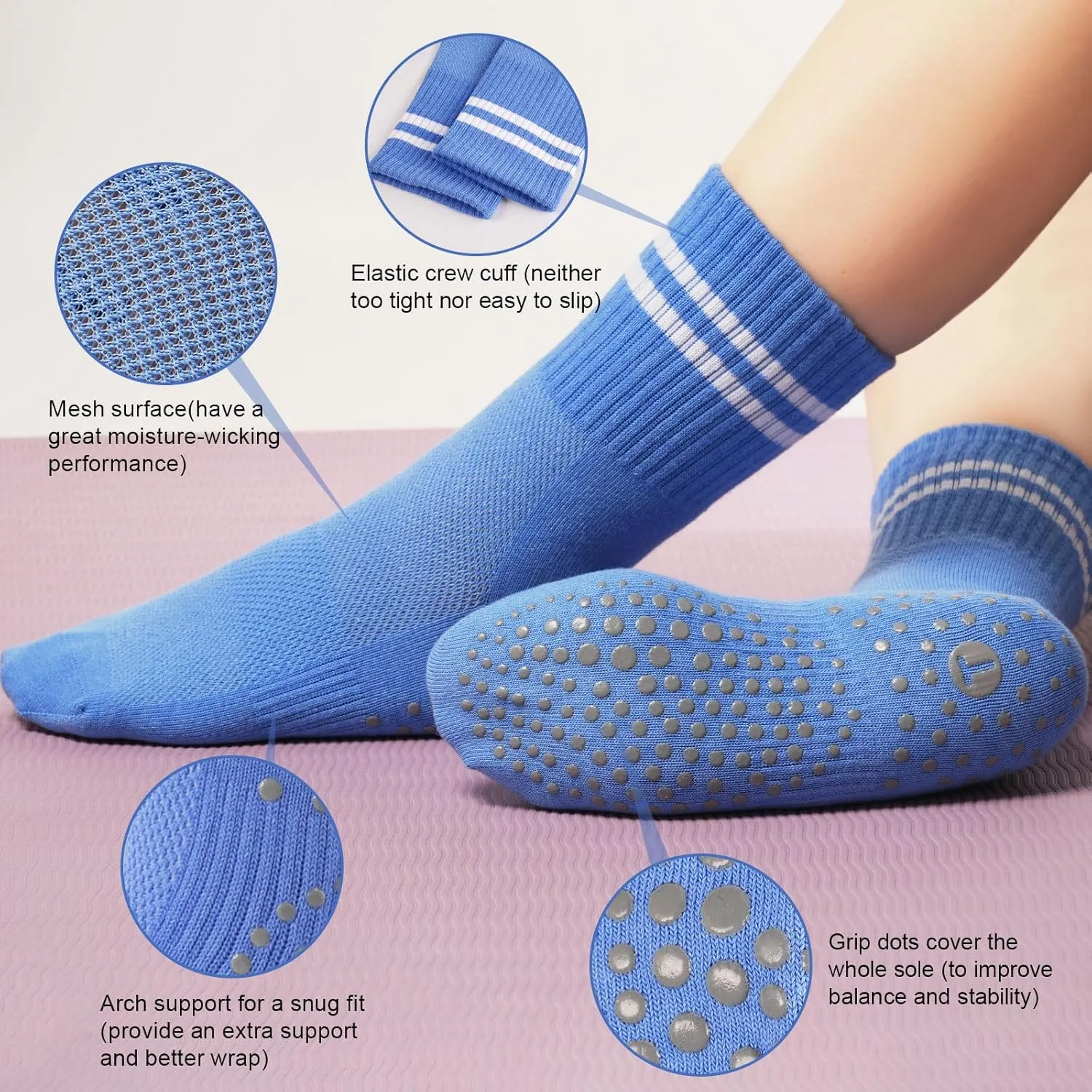 Toes Home Pilates Socks for Women with Non Slip Grippers, Yoga Crew Socks for Barre Hospital Sticky Slipper Socks 4 Pairs