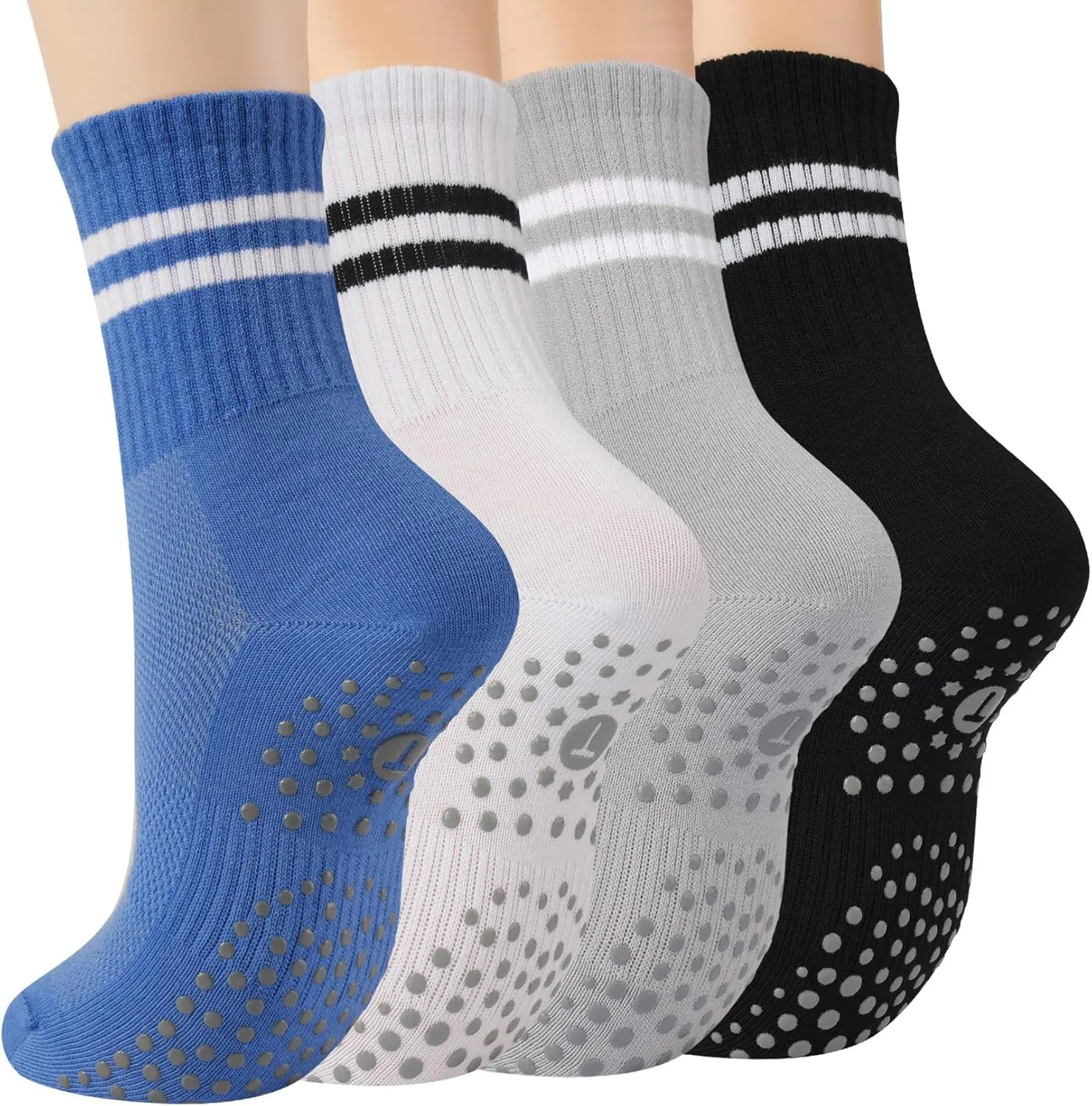 Toes Home Pilates Socks for Women with Non Slip Grippers, Yoga Crew Socks for Barre Hospital Sticky Slipper Socks 4 Pairs
